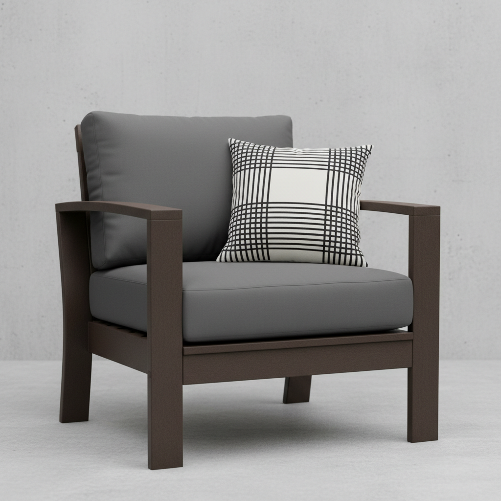 Deep seating replacement cushions in navy blue on an outdoor patio