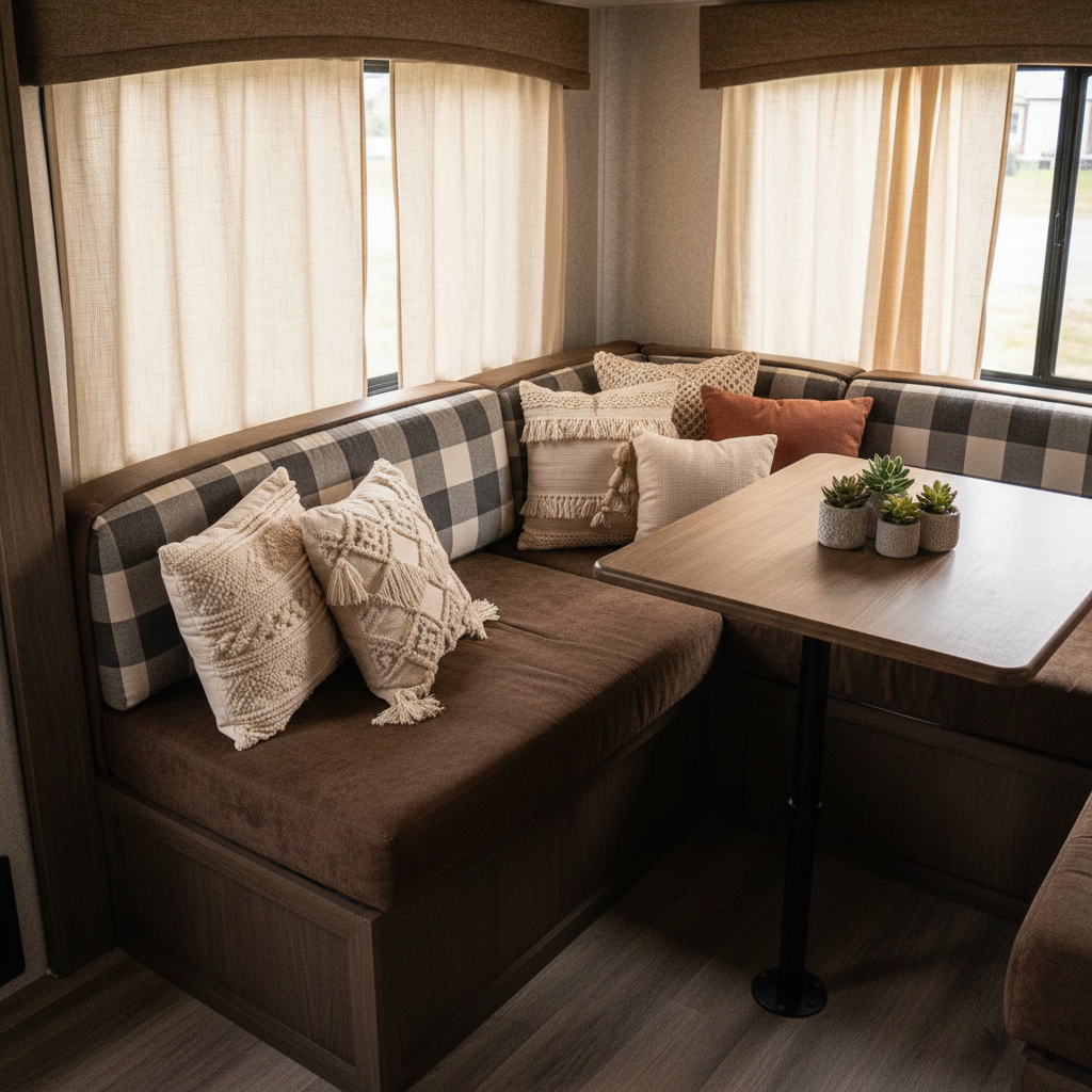 Cozy dinette area in a camper featuring stylish patterned cushions in deep green and burgundy.