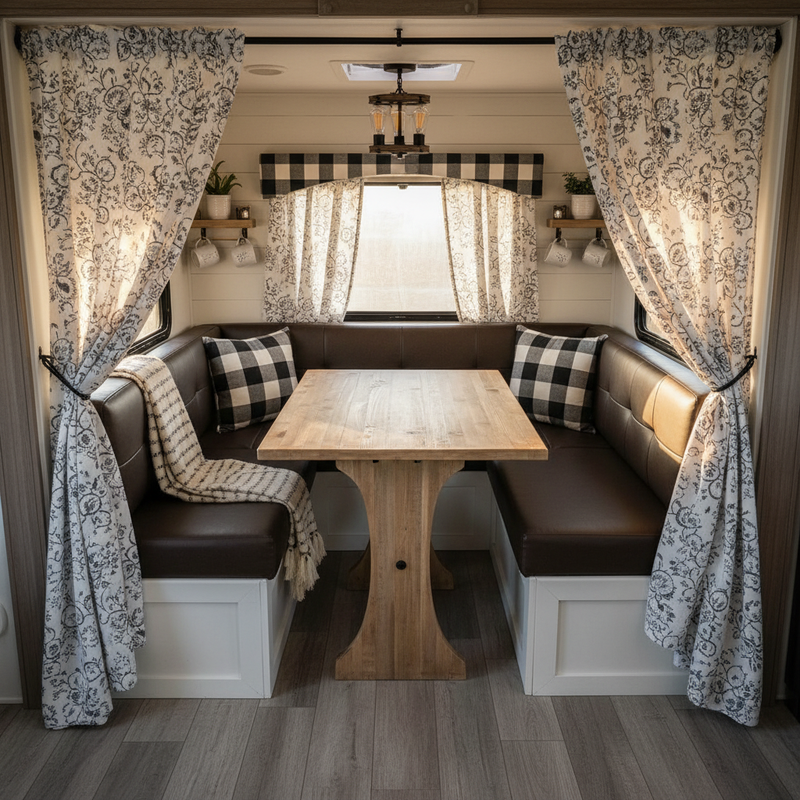 Stylish dinette cushions in an RV camper with a rustic setting
