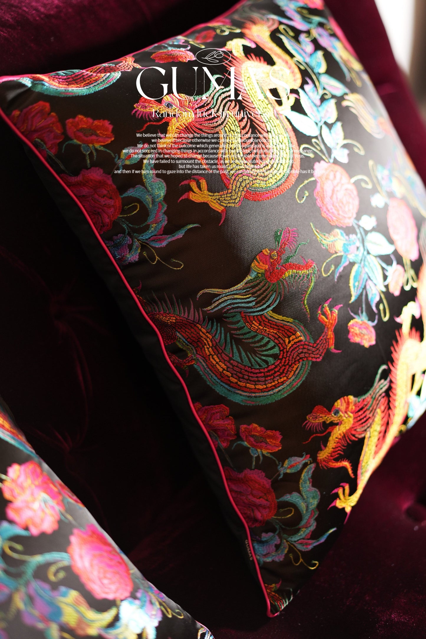 Dragon and phoenix embroidered cushion cover showing detailed beadwork and raised threadwork
