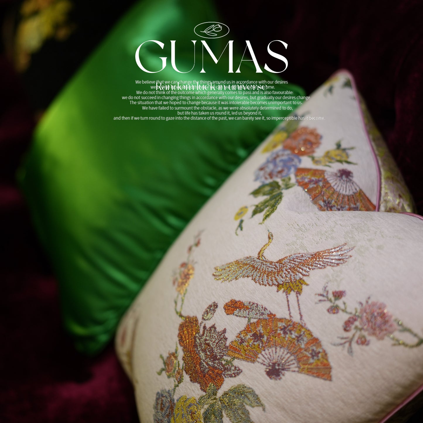 Eclectic bohemian living room styling with lime green silk pillow, damask prints, and mixed textures