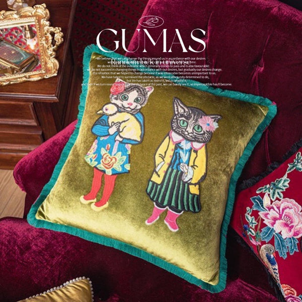 Embroidered velvet cat throw pillow cover 18x18 inches with dual-color tassels