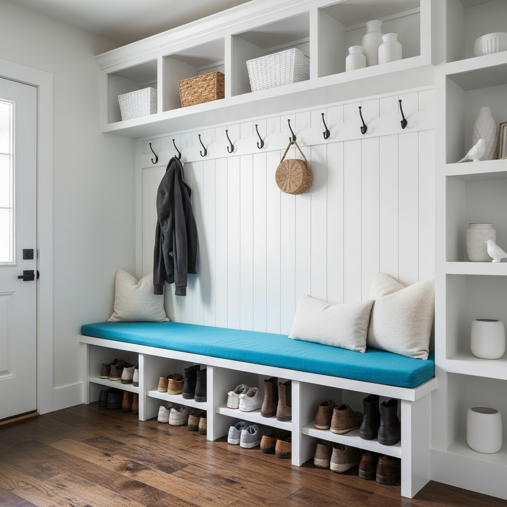 Navy blue geometric patterned cushion on an entryway bench