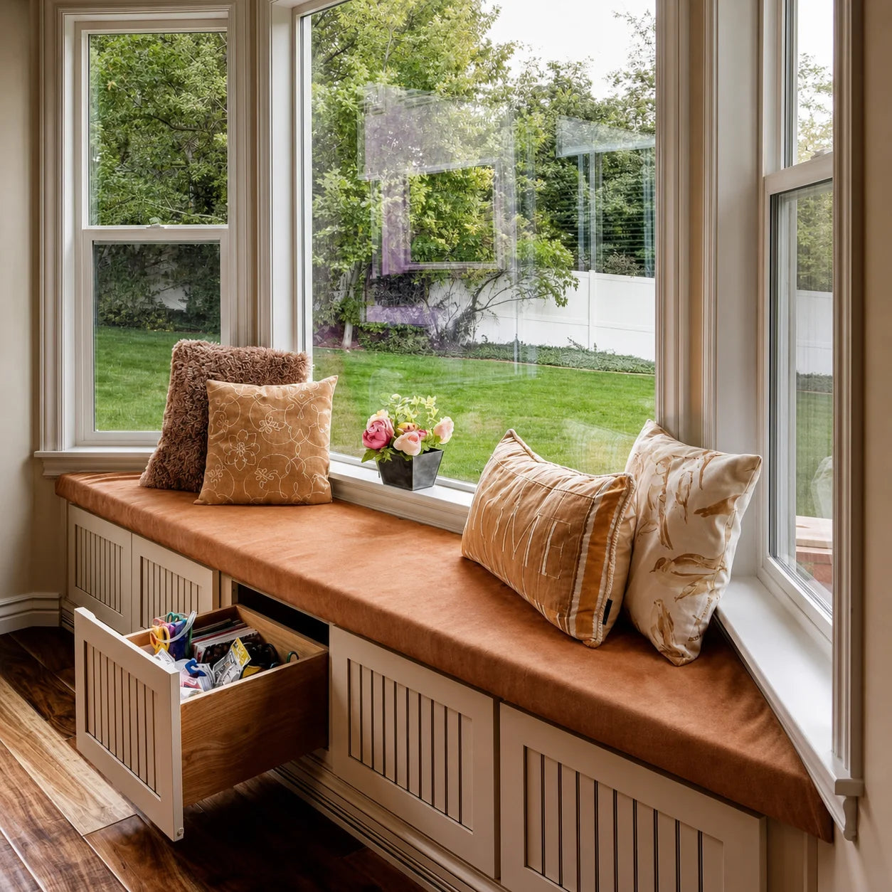 Custom bay window trapezoid seat cushion in a sunlit room