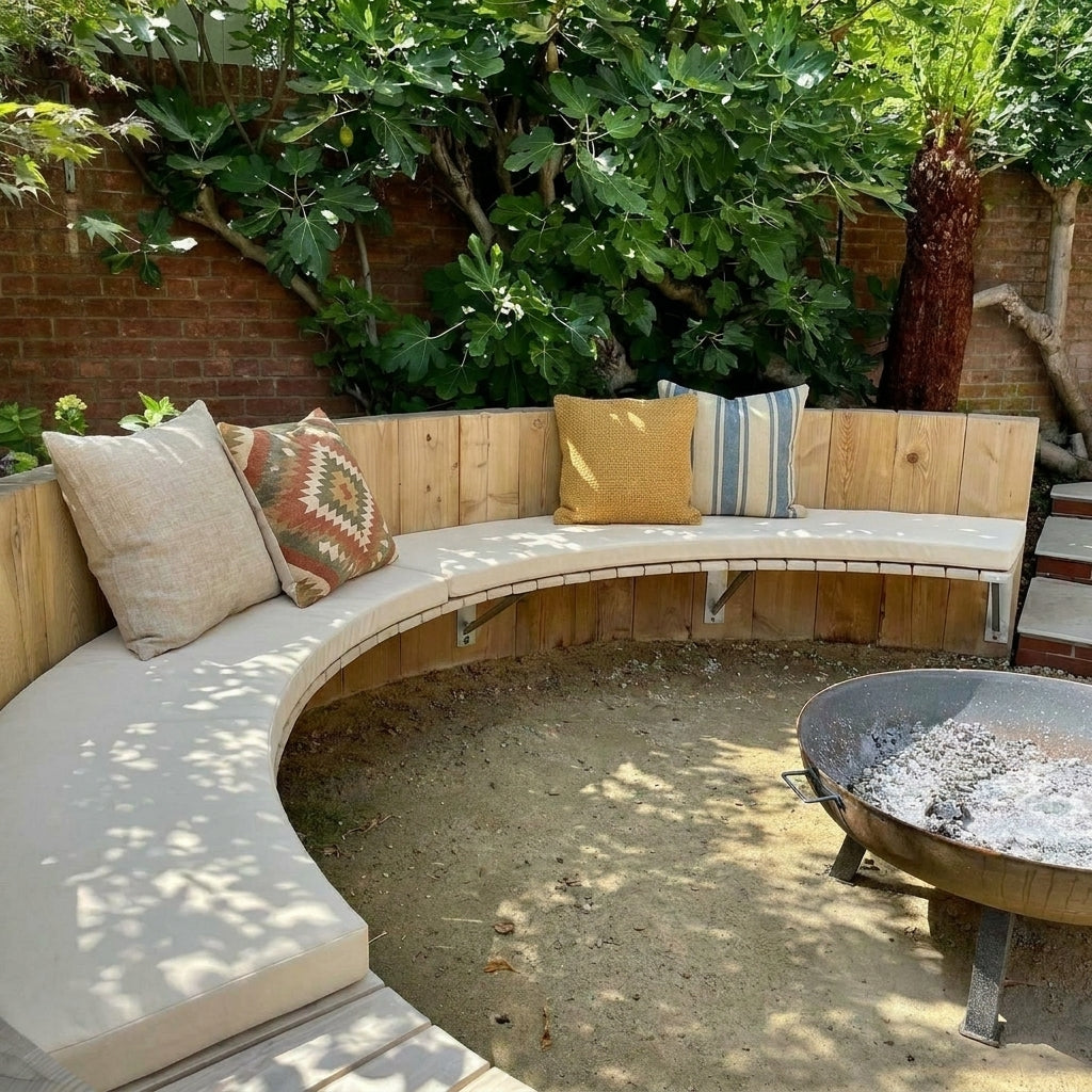 firepit-curved-bench-cushion-white-throw-pillows-garden