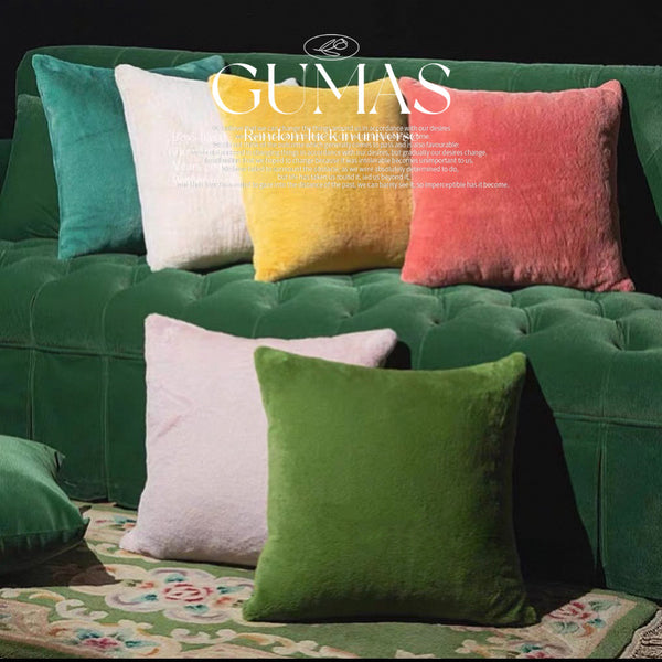 Forest green faux fur throw pillow cover 18x18 inches on colorful contemporary sofa