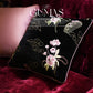 Hand-embroidered white crane bird and pink peony pattern on black velvet decorative pillow cover