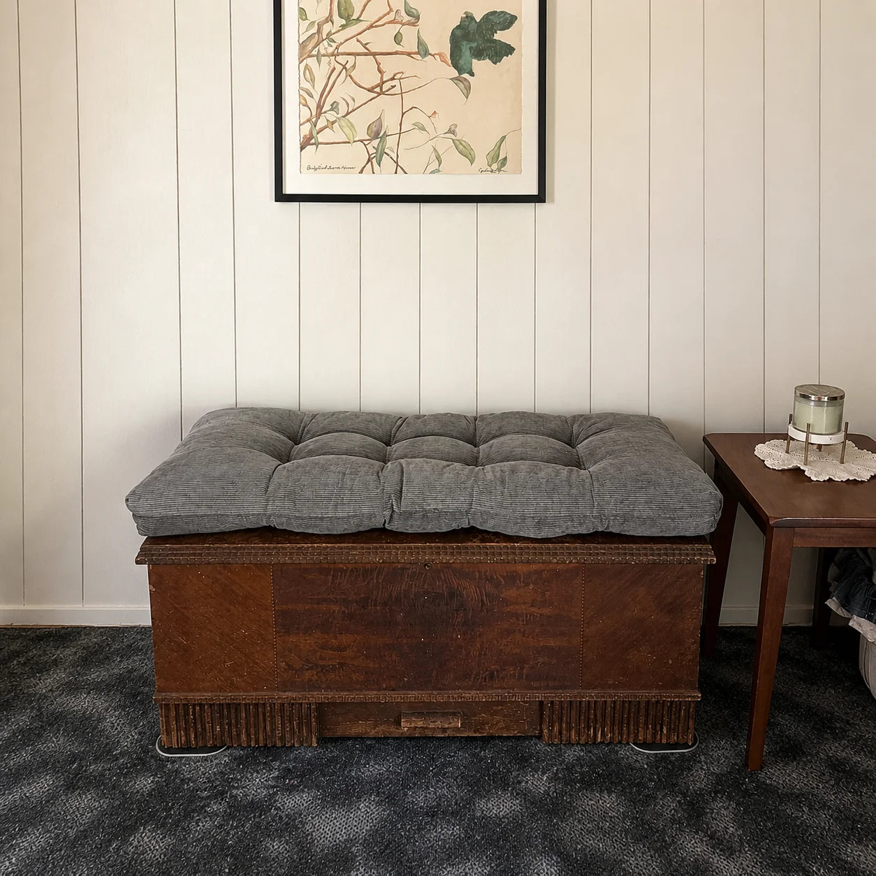 Indoor mudroom bench cushion in white – easy-clean fabric for entryway seating