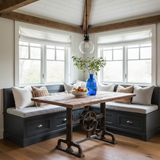 Stylish kitchen bench cushions in deep navy with gold patterns