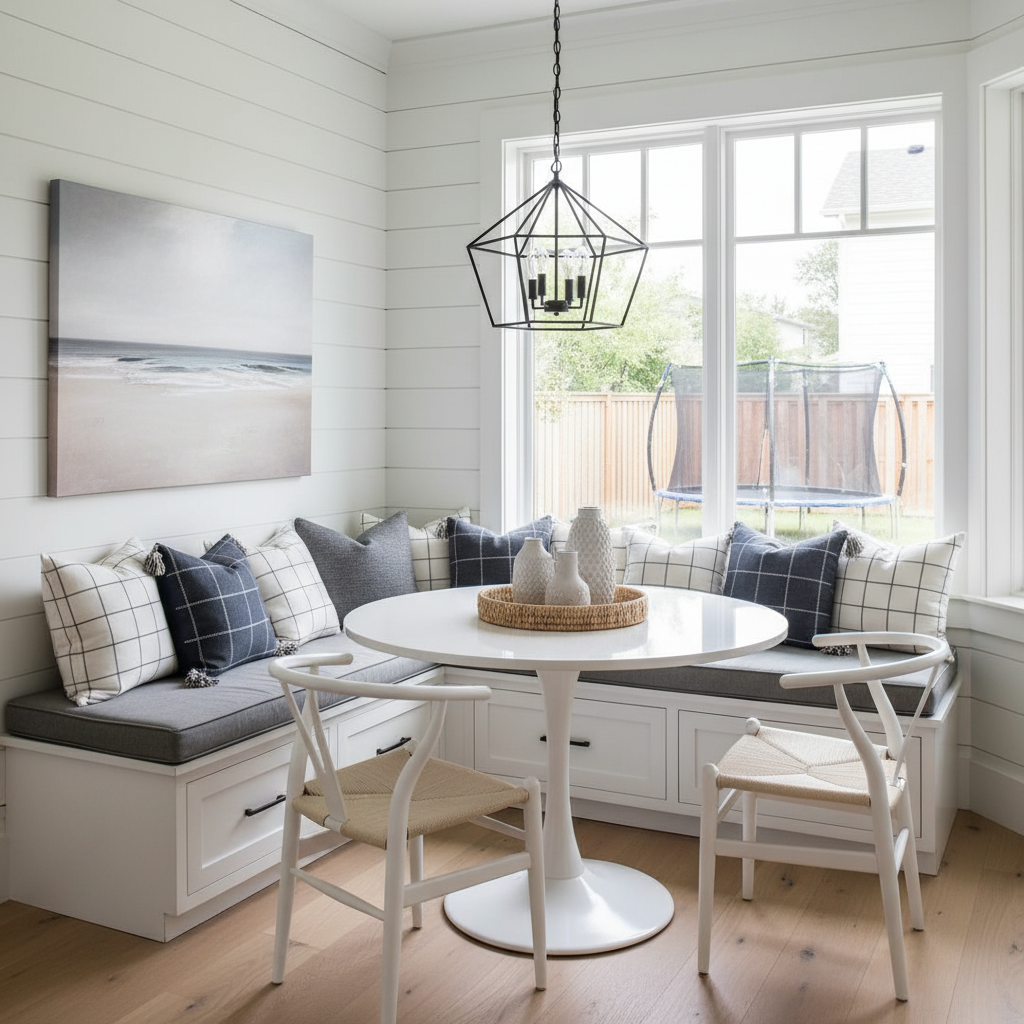 Custom cushion for kitchen nook window seat, modern style.