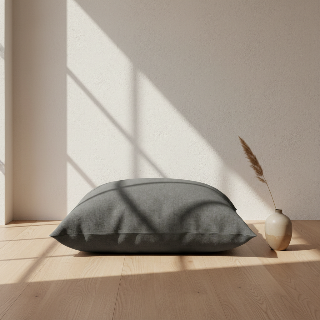 Large meditation floor pillows in soft lavender and cream colors set in a tranquil meditation space.