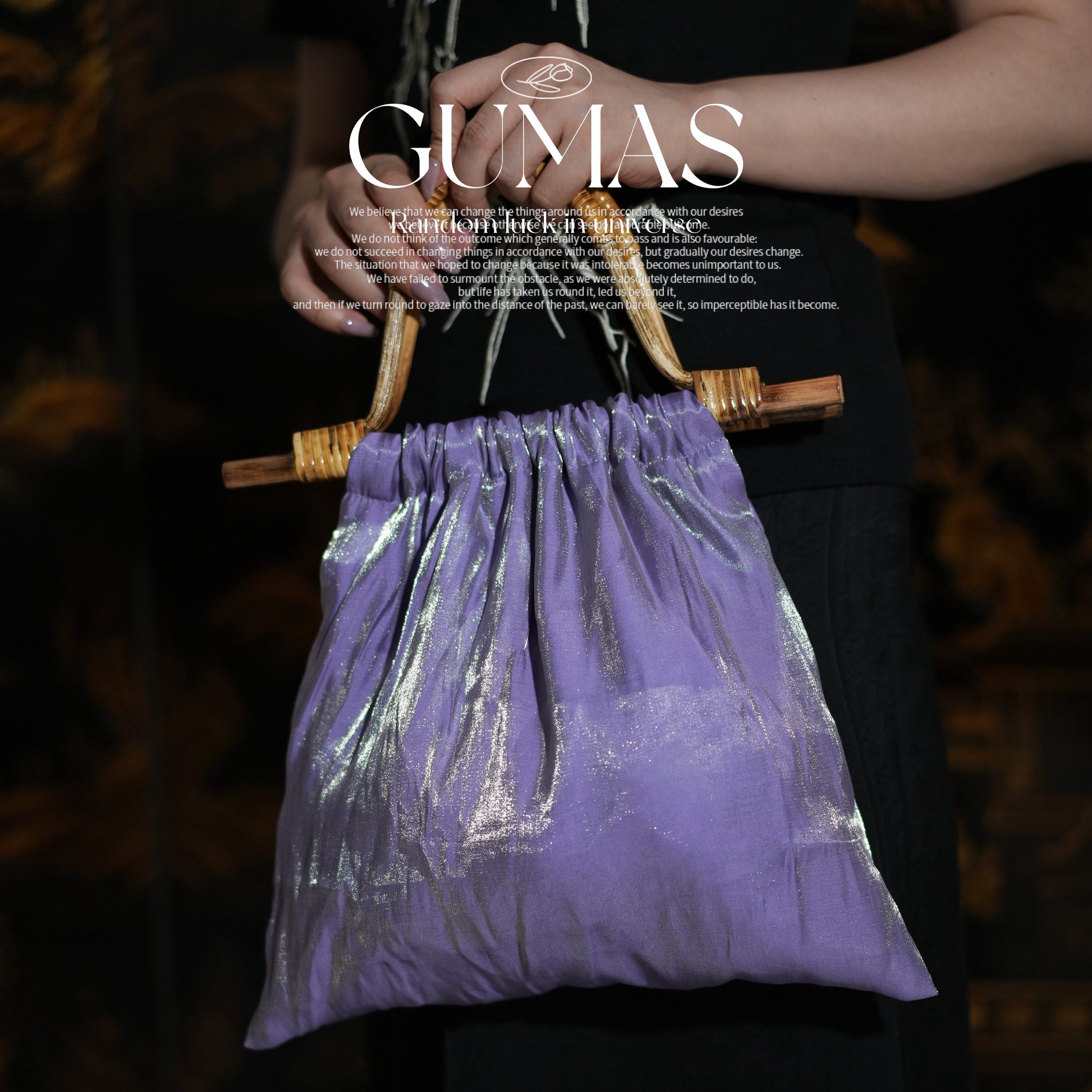 Lavender purple metallic evening bag with bamboo handles and iridescent geometric pattern