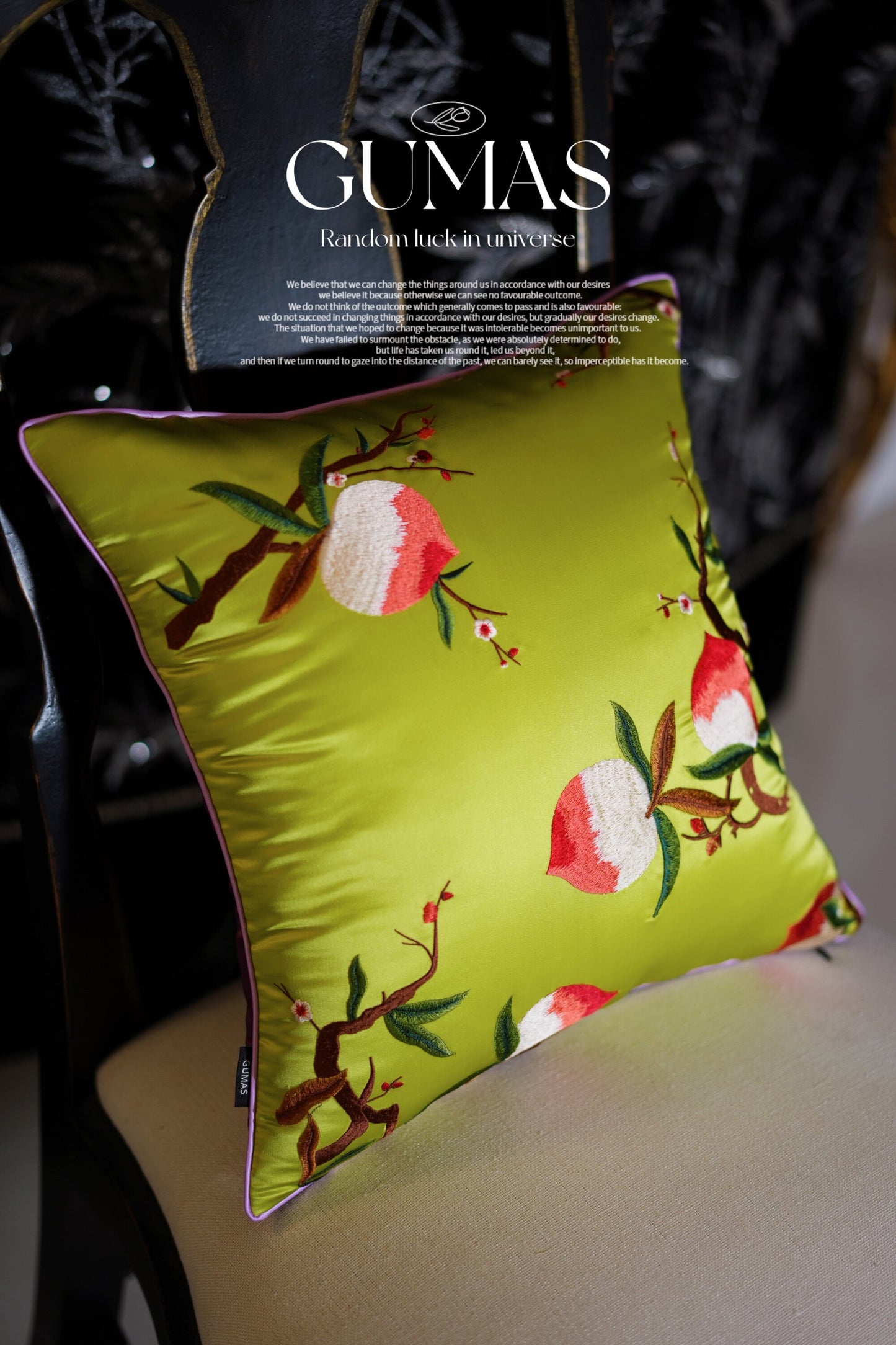 Lime green silk cushion cover with dimensional floral embroidery detail