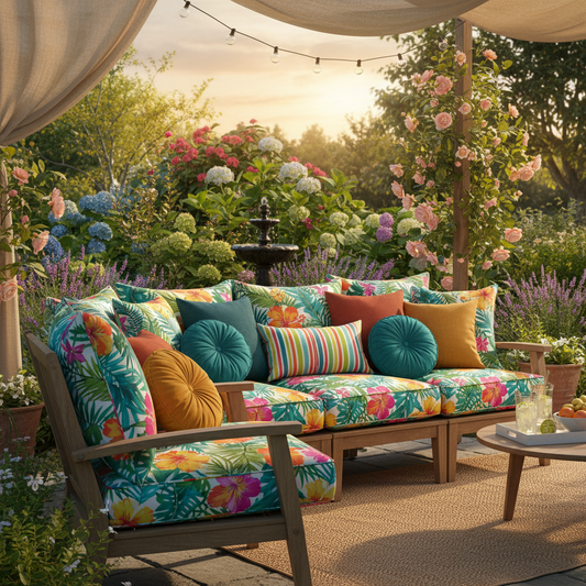 Stylish deep seat outdoor cushions in a lush garden