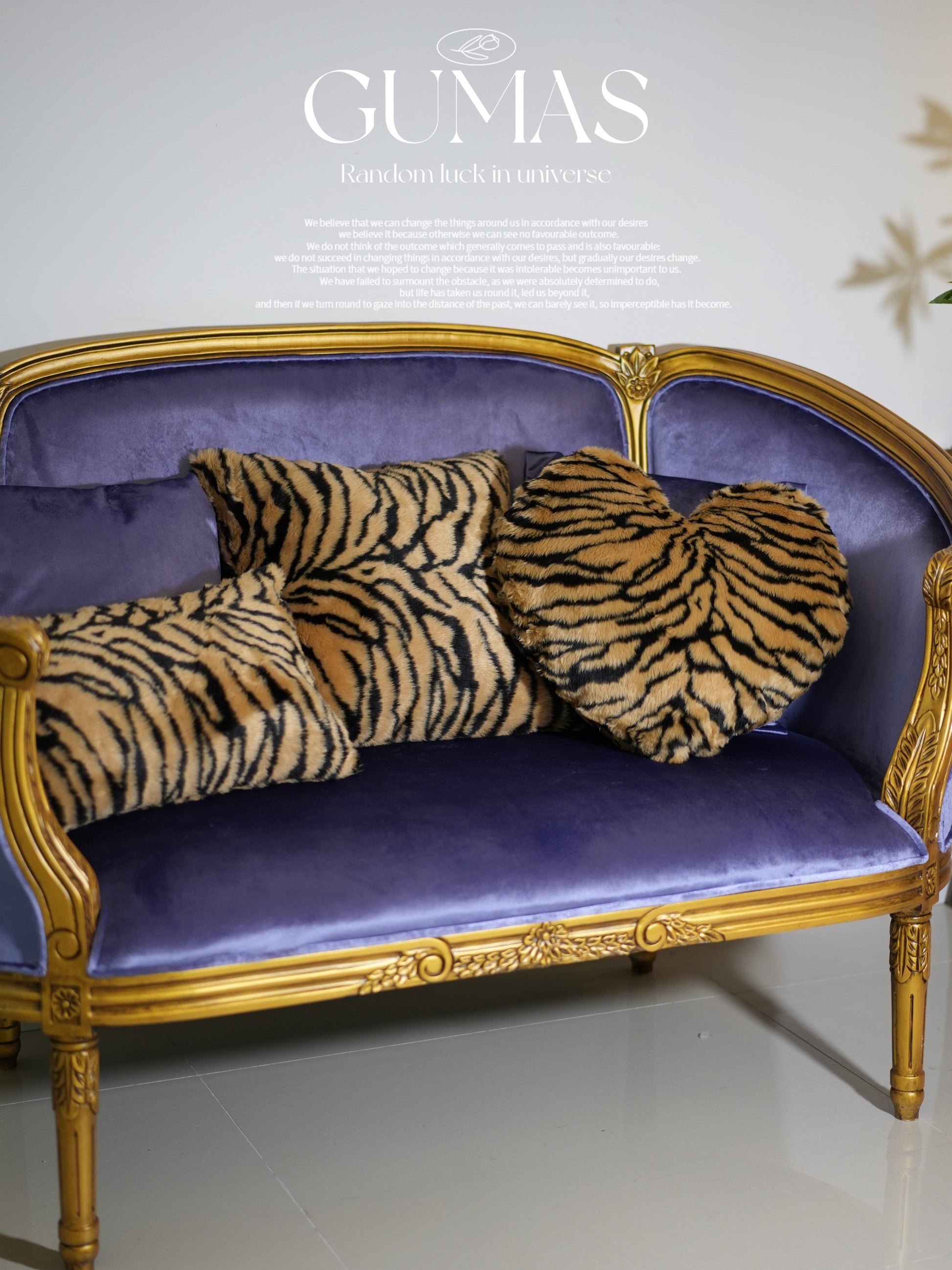 Lumbar tiger stripe pillow 12x20 inches styled with baroque gold frame chair