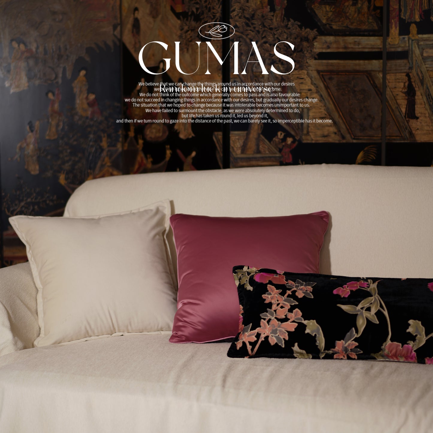 Luxe black velvet cushion cover featuring hand-painted climbing flowers and vine pattern