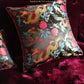 Luxurious dragon motif throw pillow cover with dimensional gold embroidery on velvet base