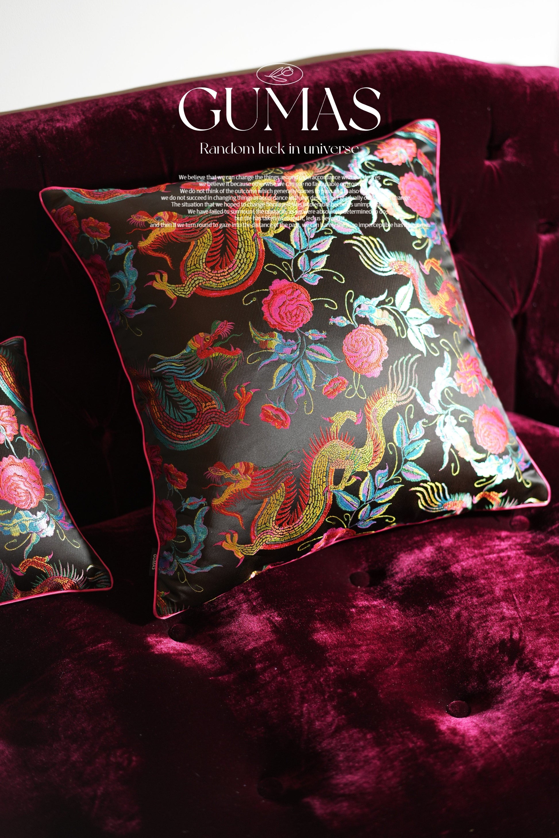 Luxurious dragon motif throw pillow cover with dimensional gold embroidery on velvet base