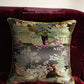 Luxurious velvet throw pillow with Asian landscape embroidery and concealed zipper closure