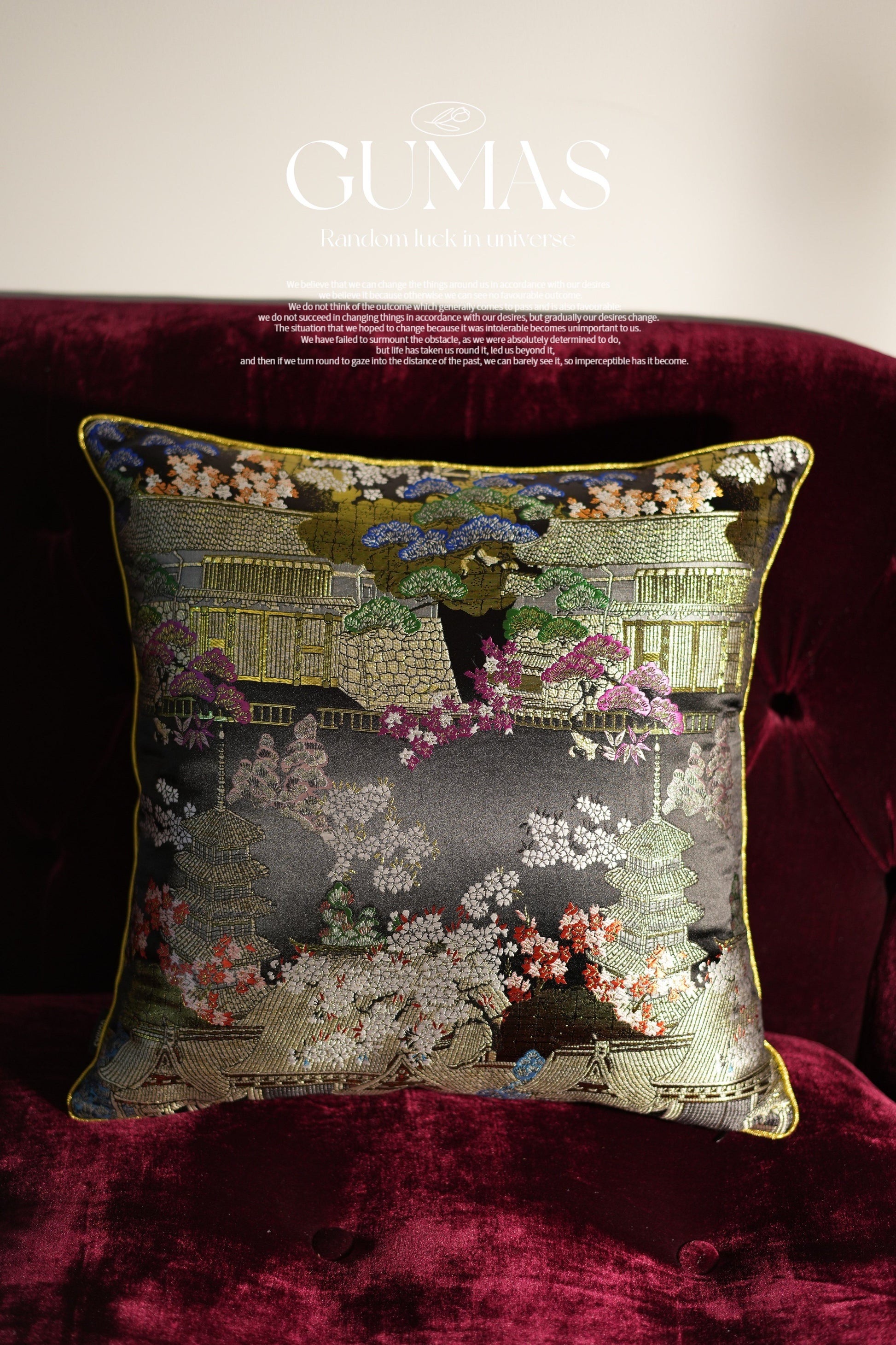 Luxurious velvet throw pillow with Asian landscape embroidery and concealed zipper closure