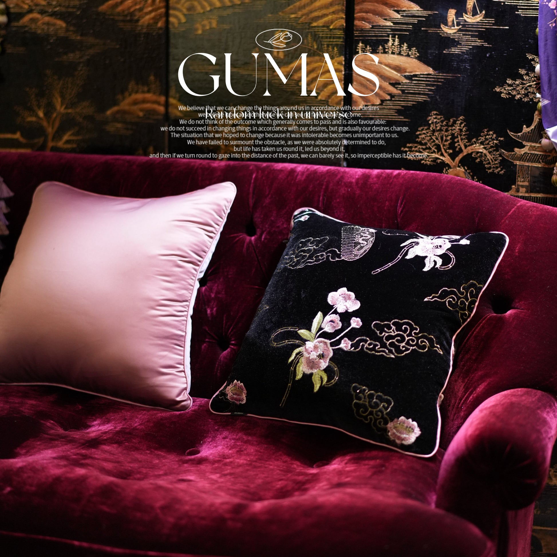 Luxury burgundy and pink velvet throw pillows with traditional Chinese floral embroidery 18x18 inch
