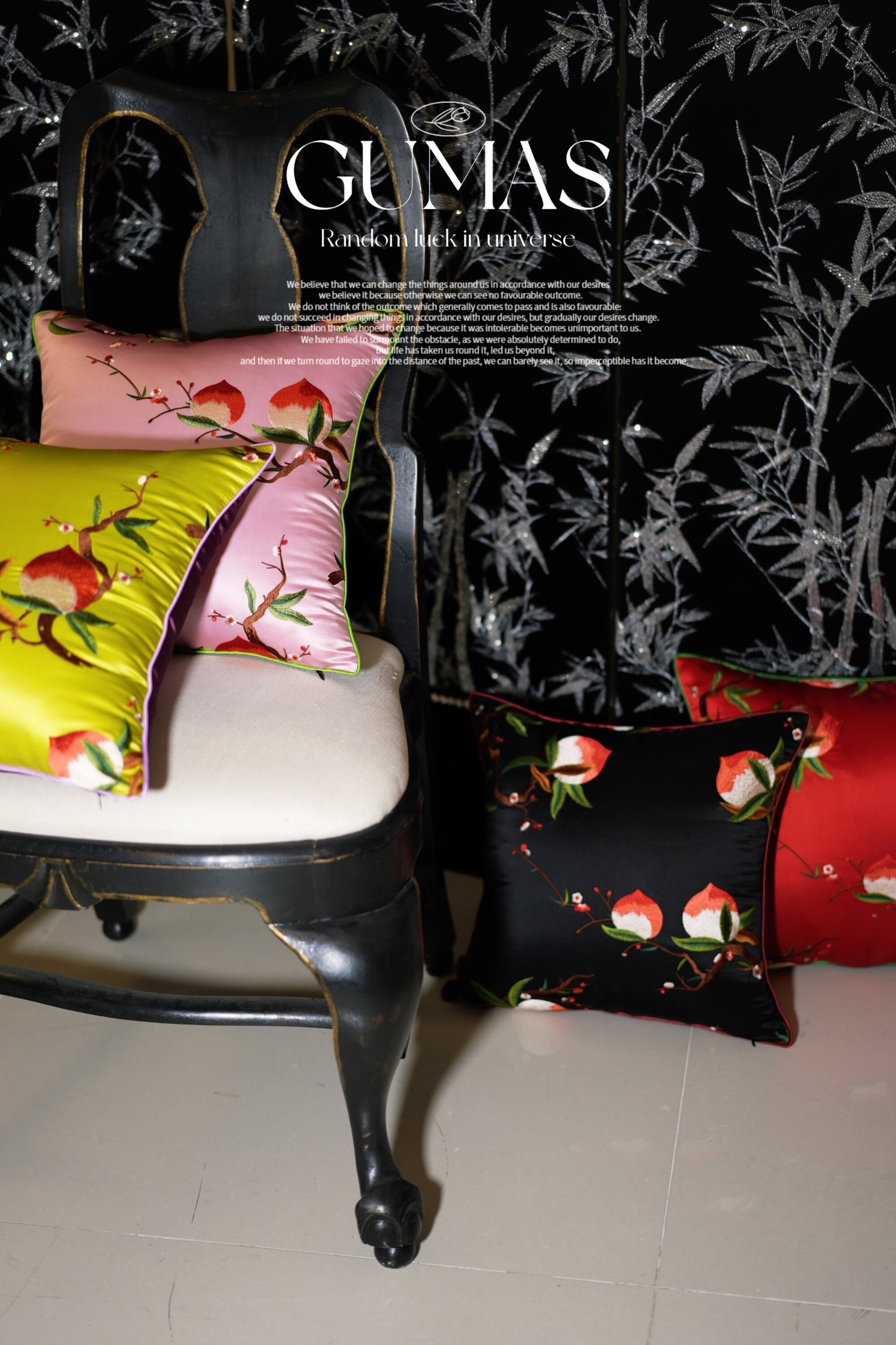 Luxury silk pillow cover with botanical embroidery and concealed zipper