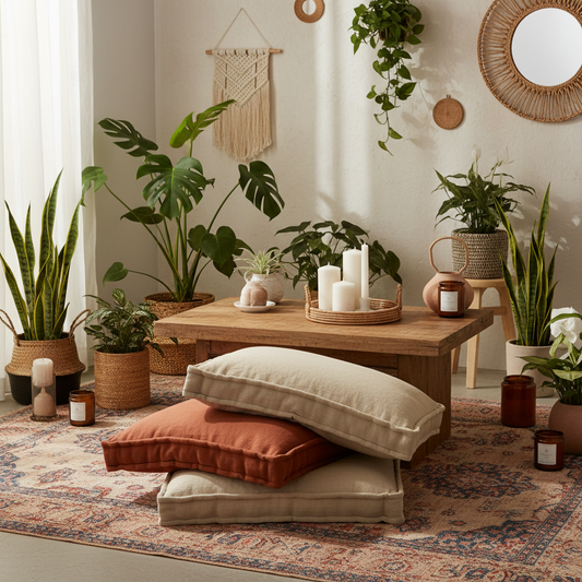 Soft meditation floor pillows in calming colors arranged in a tranquil nook