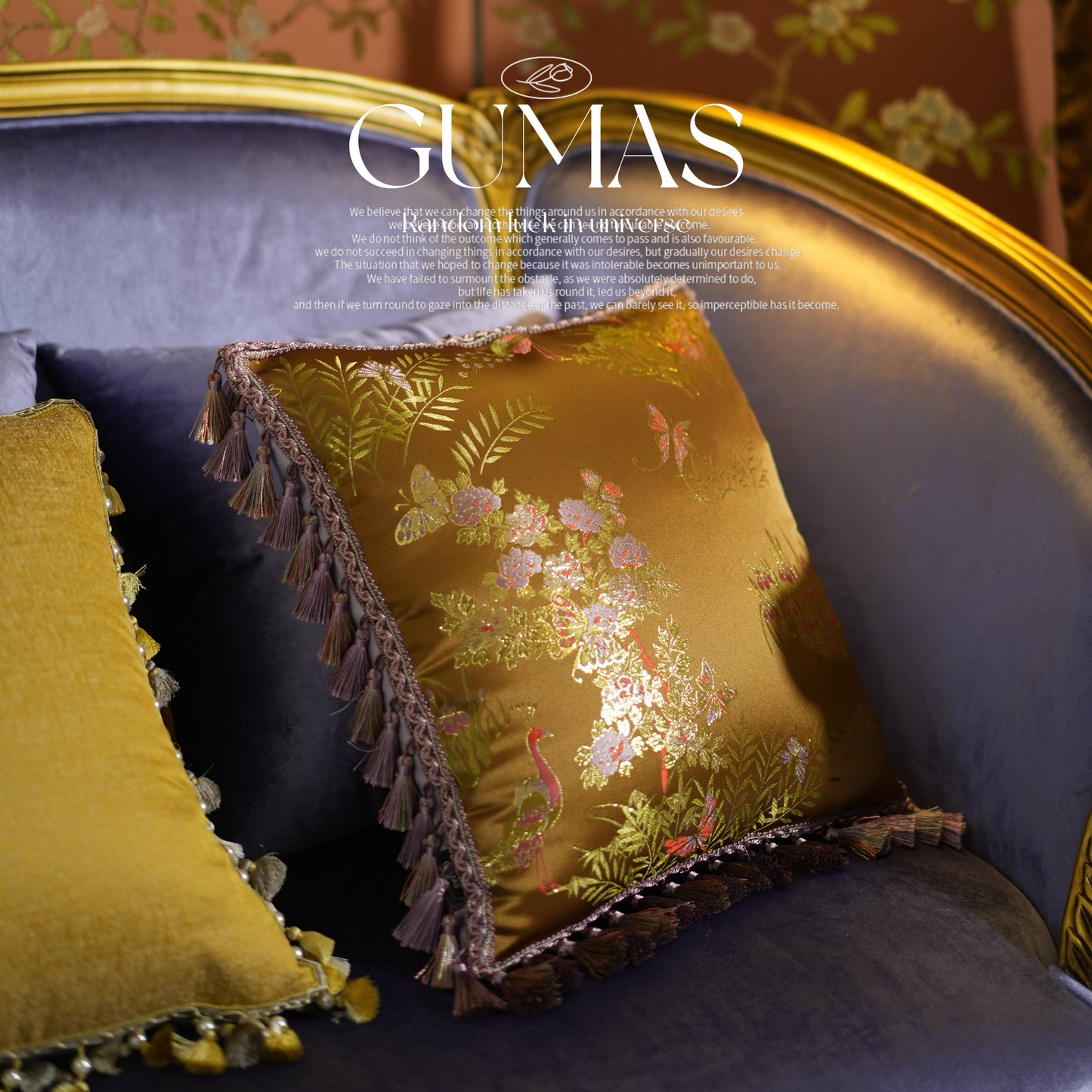 Mustard yellow solid brocade pillow cover with textured weave on ornate carved wood chair