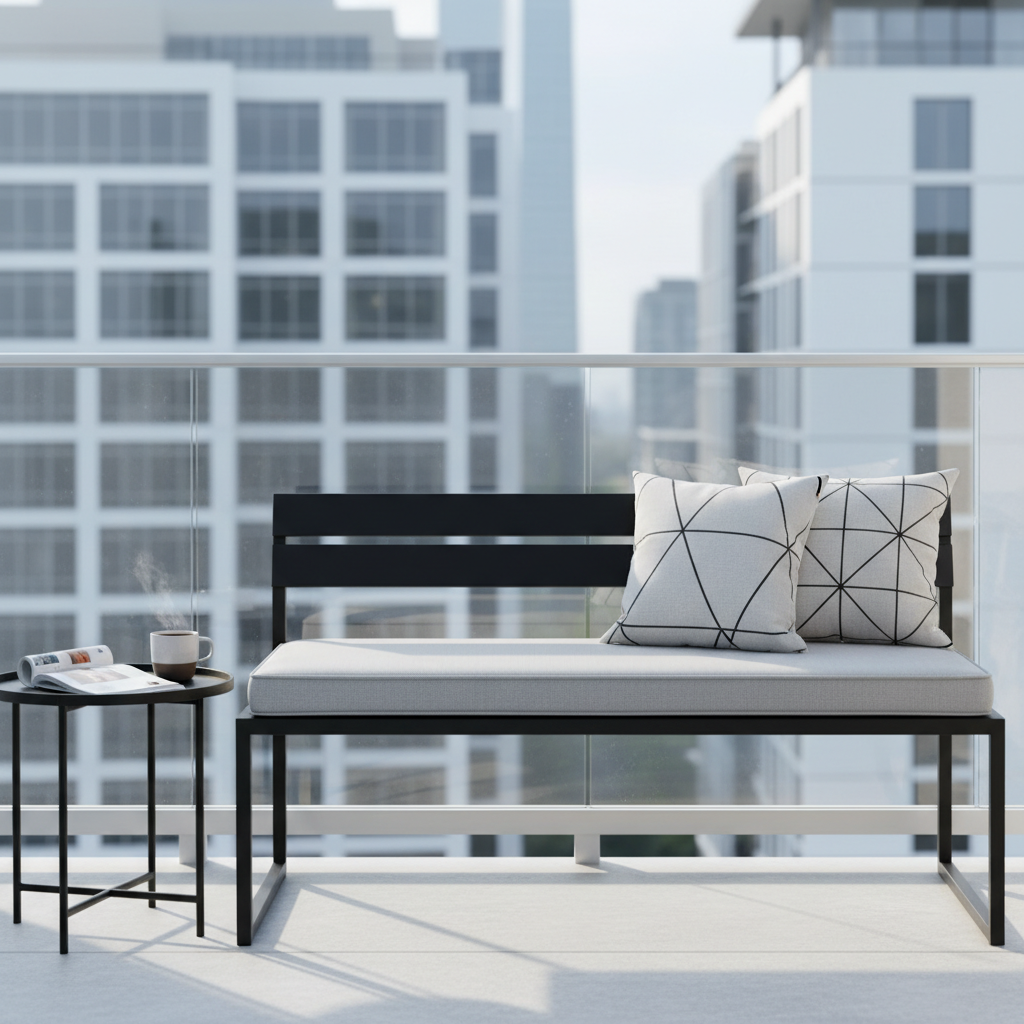 Outdoor bench cushions in modern geometric patterns, set in a vibrant garden