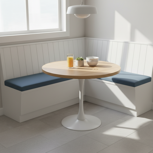 Waterproof outdoor bench cushions in deep forest green on a wooden bench surrounded by greenery