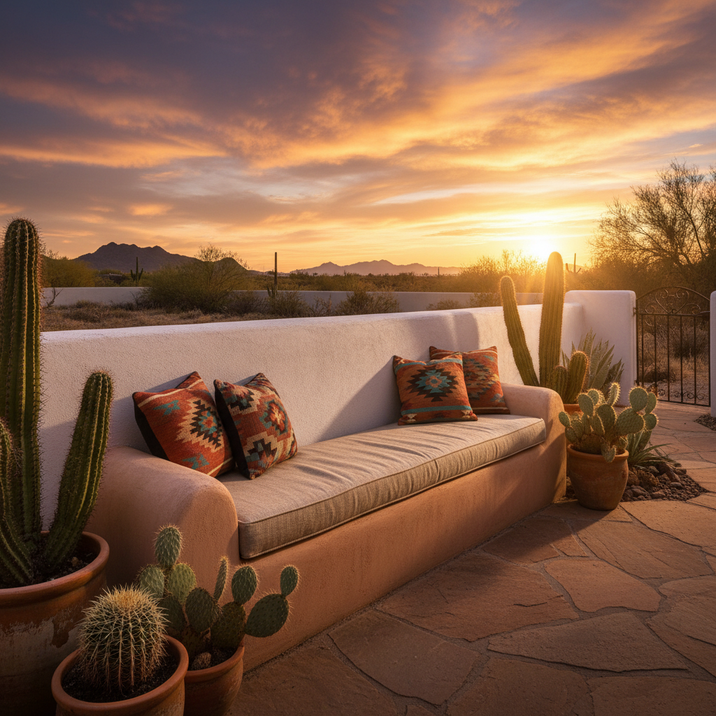 Cozy garden with deep navy patterned outdoor bench cushions