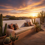 Cozy garden with deep navy patterned outdoor bench cushions