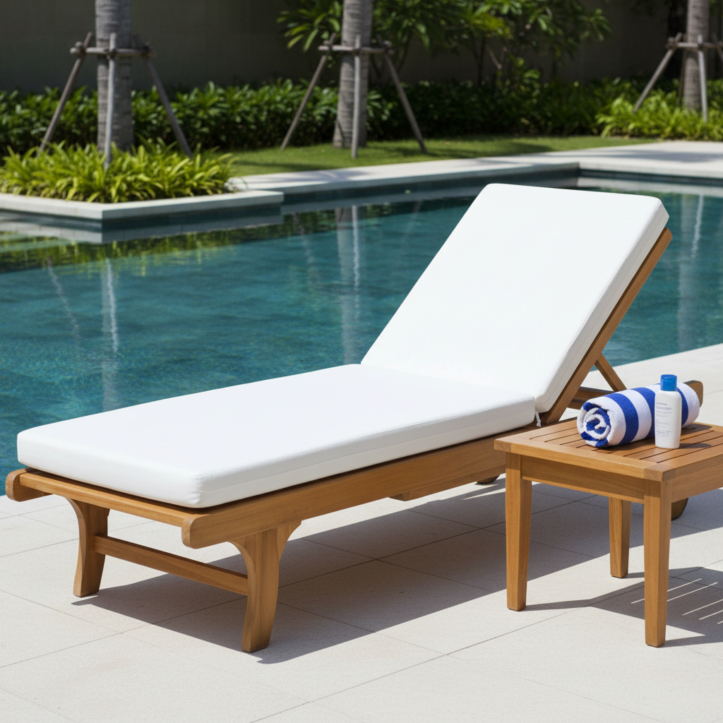 A vibrant display of outdoor chaise cushions in rich colors arranged on a patio.