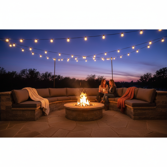 Outdoor custom bench cushions in dark colors and patterns arranged on a garden bench