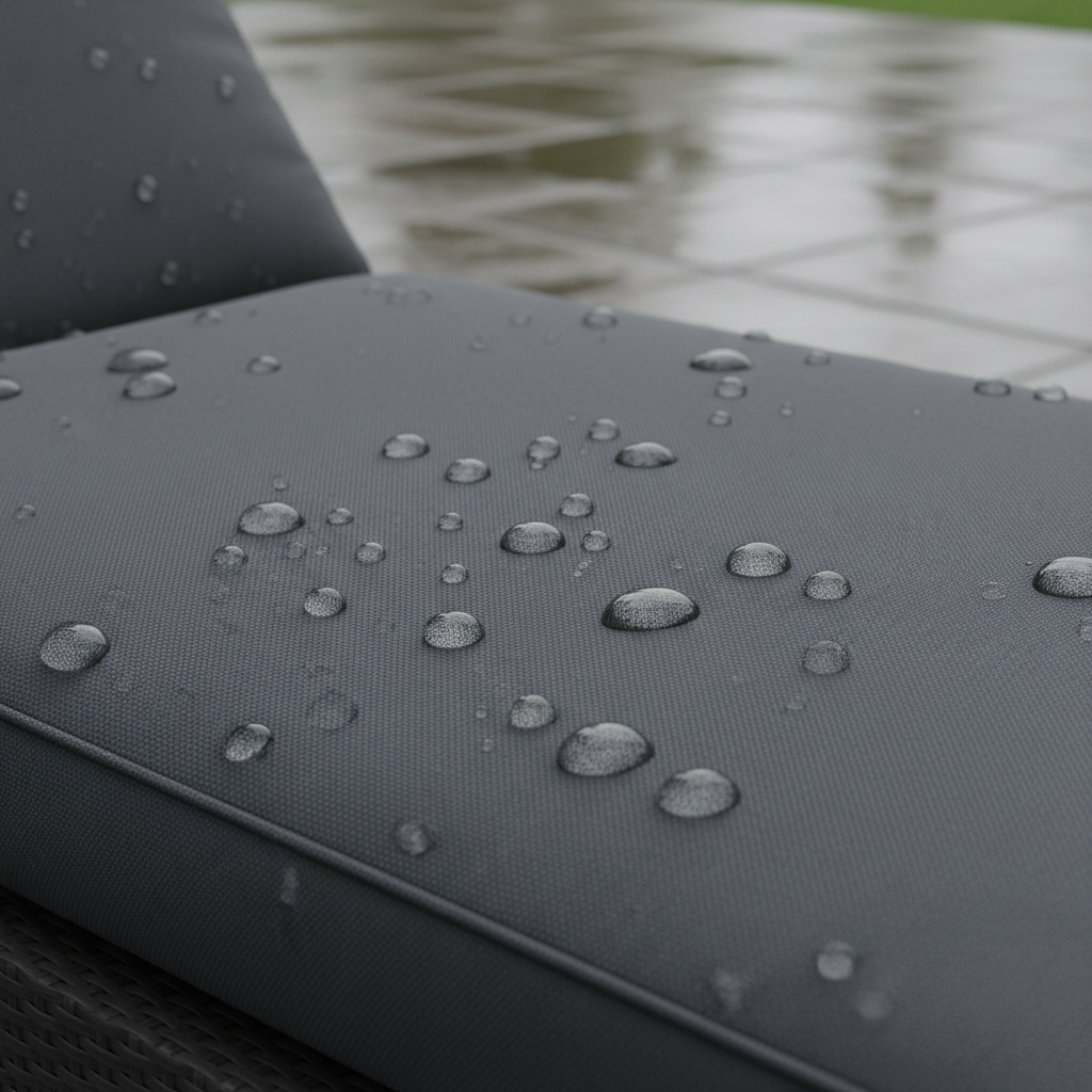 Elegant outdoor lounge chair cushions in deep navy blue with geometric patterns on a sunny patio