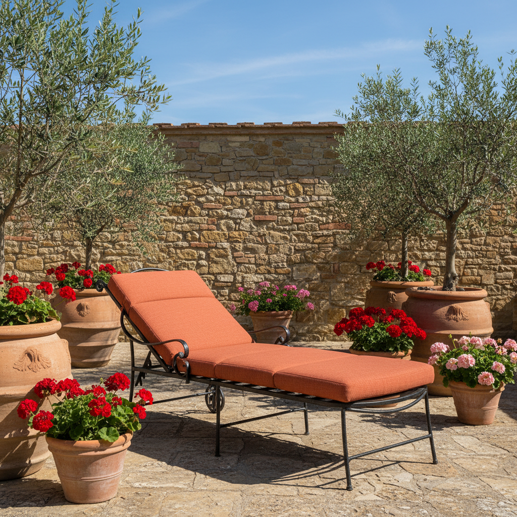 Outdoor lounge chair seat cushions in dark green and navy blue fabric, placed in a serene garden.