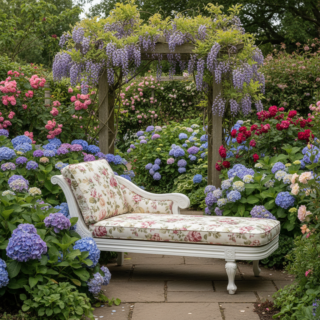 Chic outdoor lounge featuring navy blue cushions and patterned fabrics in a stylish backyard.