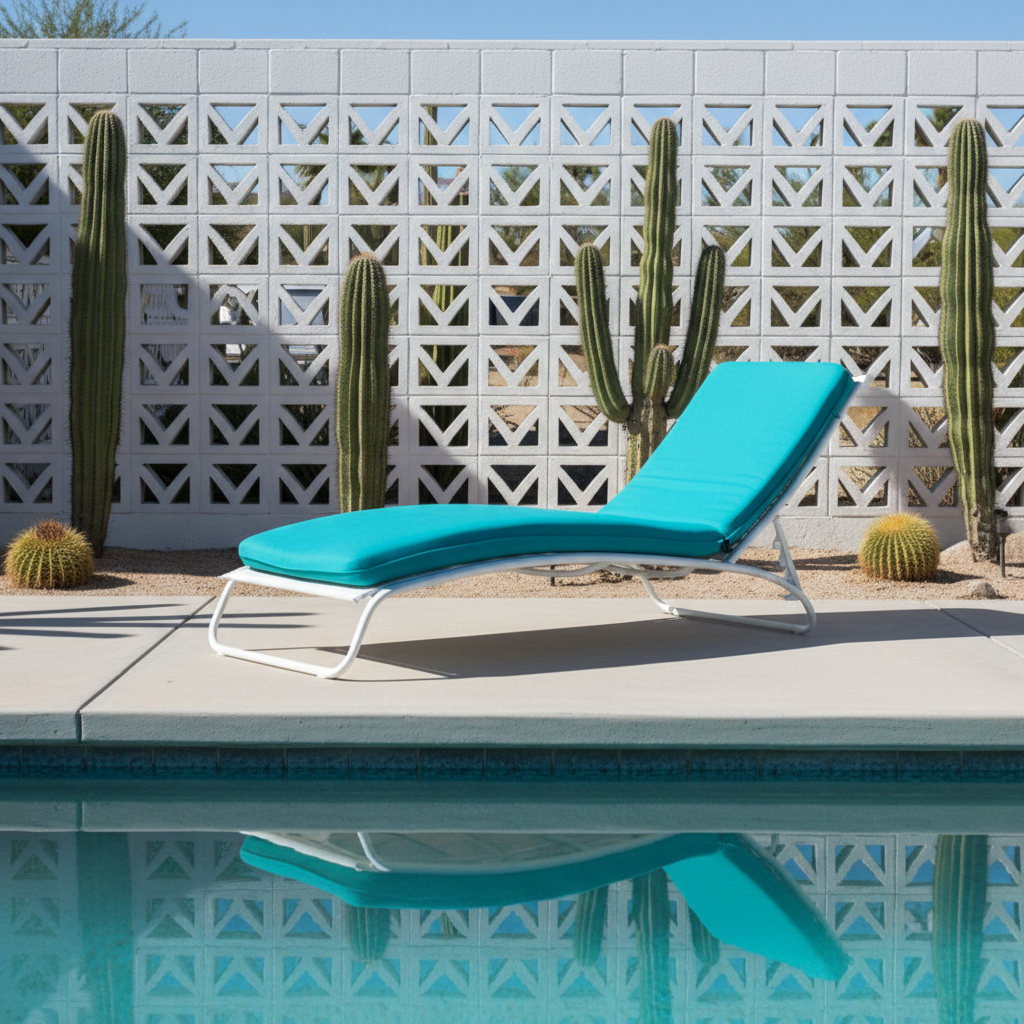 Chic outdoor lounger cushions in navy blue fabric with a stylish pattern, placed in a beautiful garden setting.