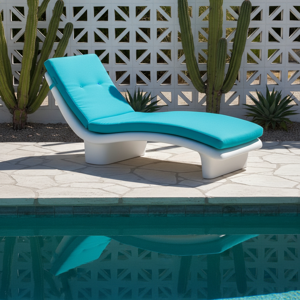 Elegant outdoor loungers with cushions in deep blue and emerald green patterns surrounded by lush greenery.