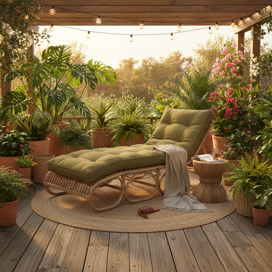 Elegant outdoor patio chaise lounge cushions in deep blue and green patterns