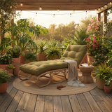 Elegant outdoor patio chaise lounge cushions in deep blue and green patterns