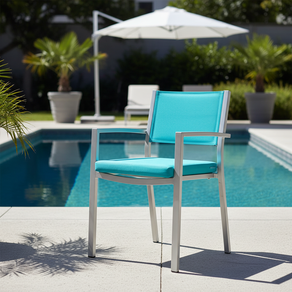Outdoor rocking chair pads in deep forest green and navy blue in a beautiful garden