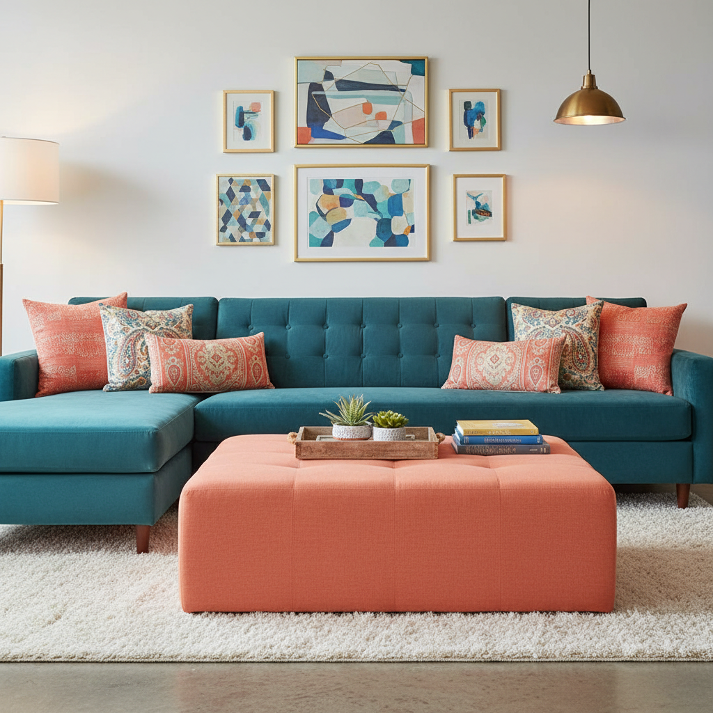 Deep navy and forest green patterned outdoor sofa cushions in a garden setting