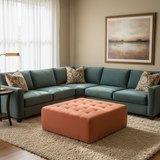 Luxurious outdoor sofa seat cushions in navy blue and forest green patterns in a vibrant garden.