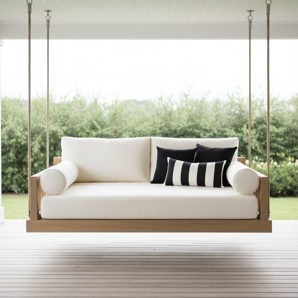 Stylish deep teal and aubergine patterned patio swing cushions in a garden