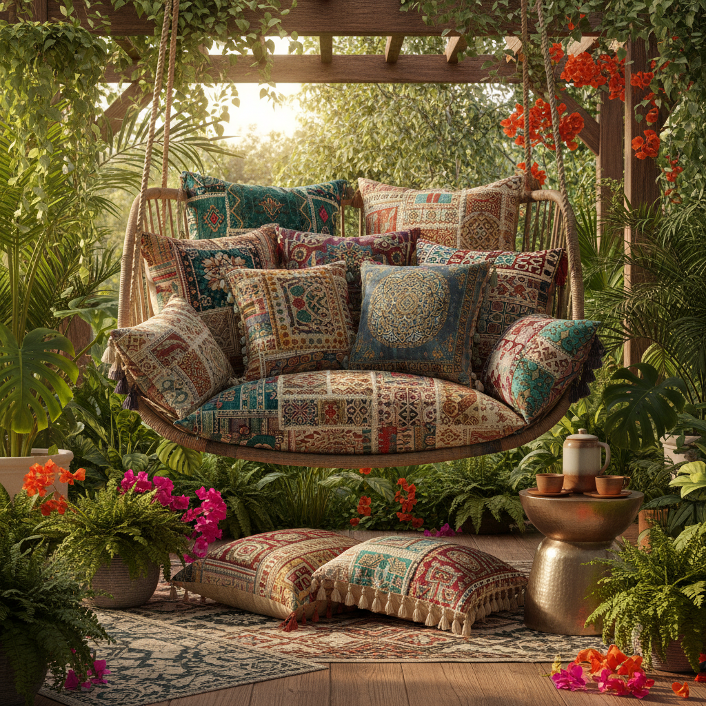 A cozy outdoor patio swing adorned with deep teal and rustic burgundy pillows