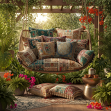 A cozy outdoor patio swing adorned with deep teal and rustic burgundy pillows