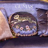 Periwinkle purple velvet pillow with hand-embroidered gold tiger and floral border with rose gold tassels 18x18 inch