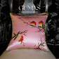 Pink silk throw pillow cover with hand-embroidered red peach blossoms 17 inches