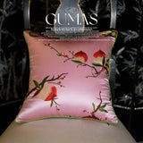 Pink silk throw pillow cover with hand-embroidered red peach blossoms 17 inches